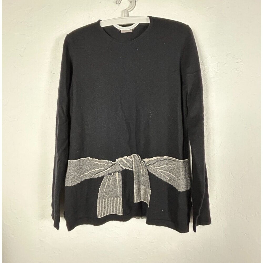 Womens Black Cashmere Silk Crew Neck Sweater with Contrast Gray Tie Detail